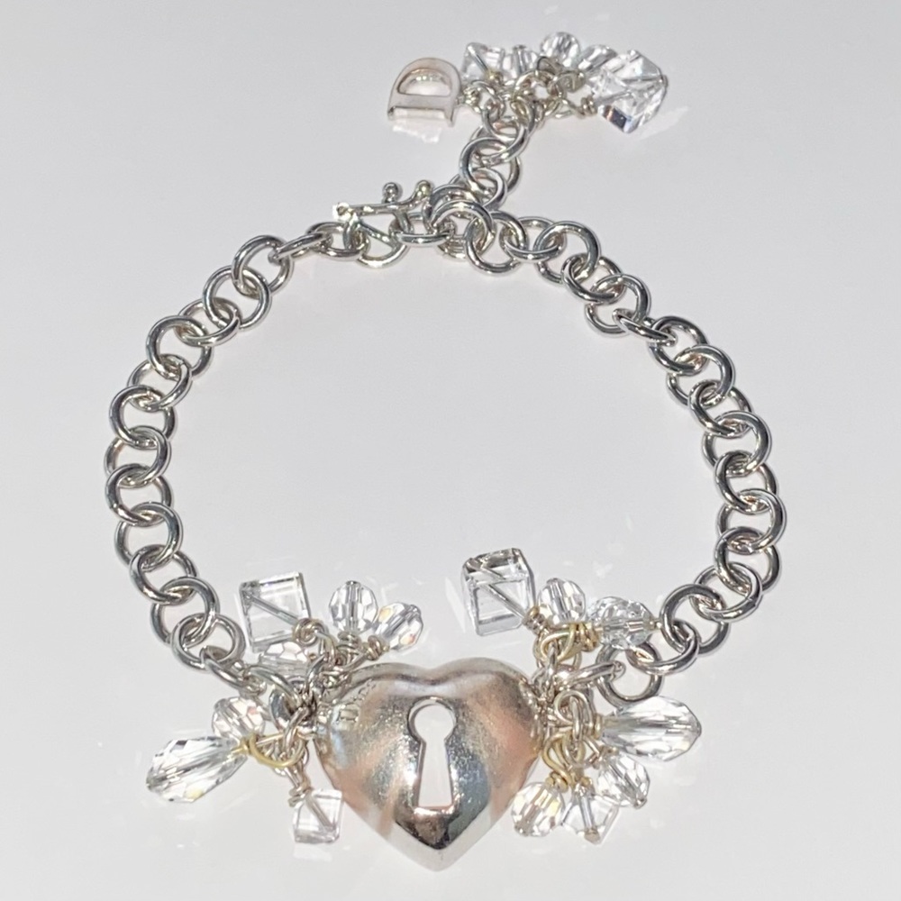 AUTH VTG Christian Dior Silver Chain Link Crystal Bead Heart Lock Charm Bracelet - Picture 3 of 13